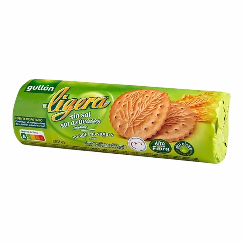 Biscuits Gullón Ligera sans sucre et sans sel 200g. Snack léger, sain et adapté aux régimes équilibrés et contrôle du poids.