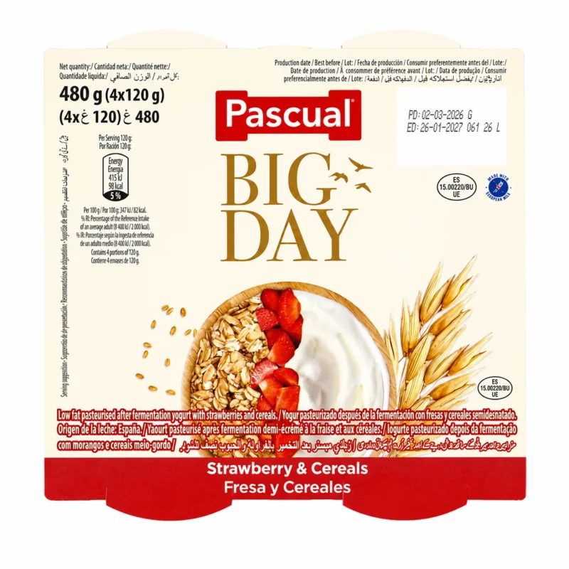 pascual-fraise-et-cereales-e1779389082382 Pascual Big Day Yaourt Fruits des Bois et Céréales 4x120g – Yaourt Maroc – Image 1
